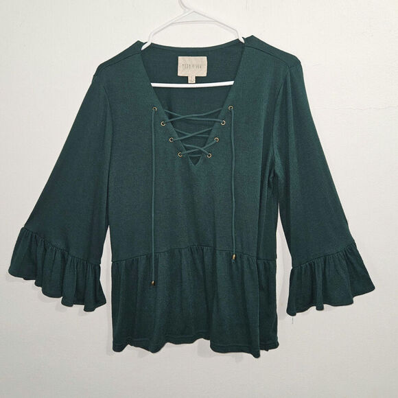 Anthropologie Moon River Lace Up Flare Sleeve Flowy Boho Top. Size Medium. - Picture 2 of 9